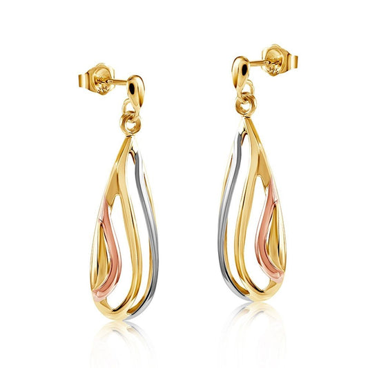 Multi Tone Gold Teardrop Earrings 9ct Yellow White and Rose Drops Hallmarked
