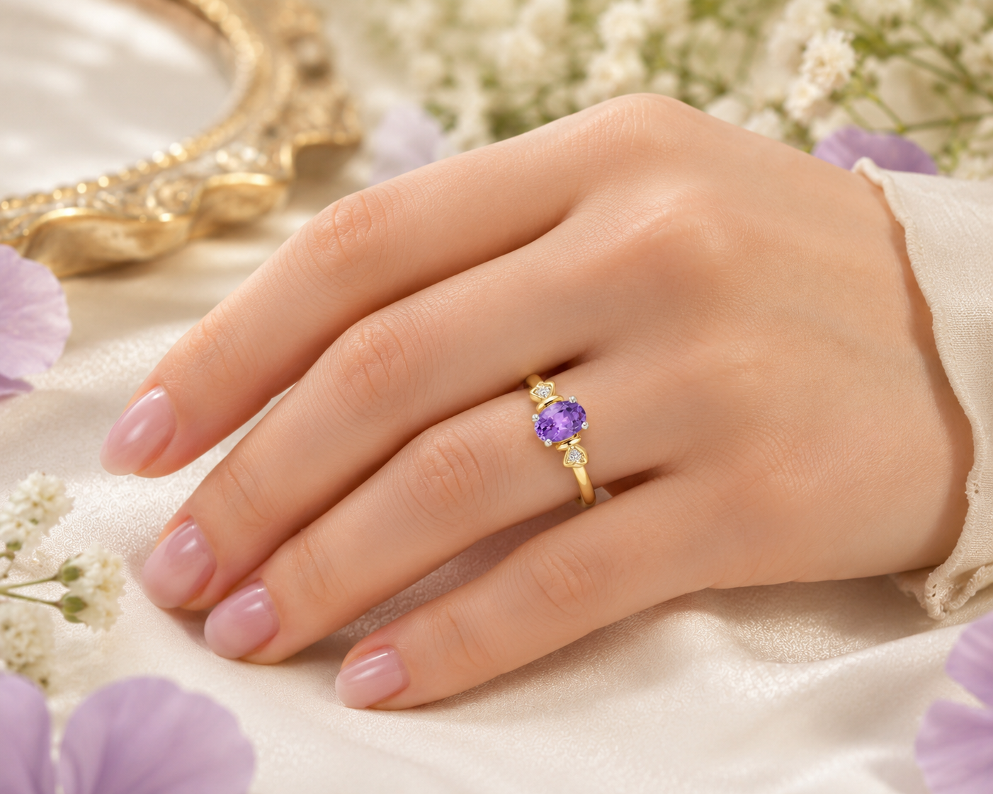Natural Oval Amethyst & Diamond Heart Accent Ring Yellow Gold Size JKLMNOPQ