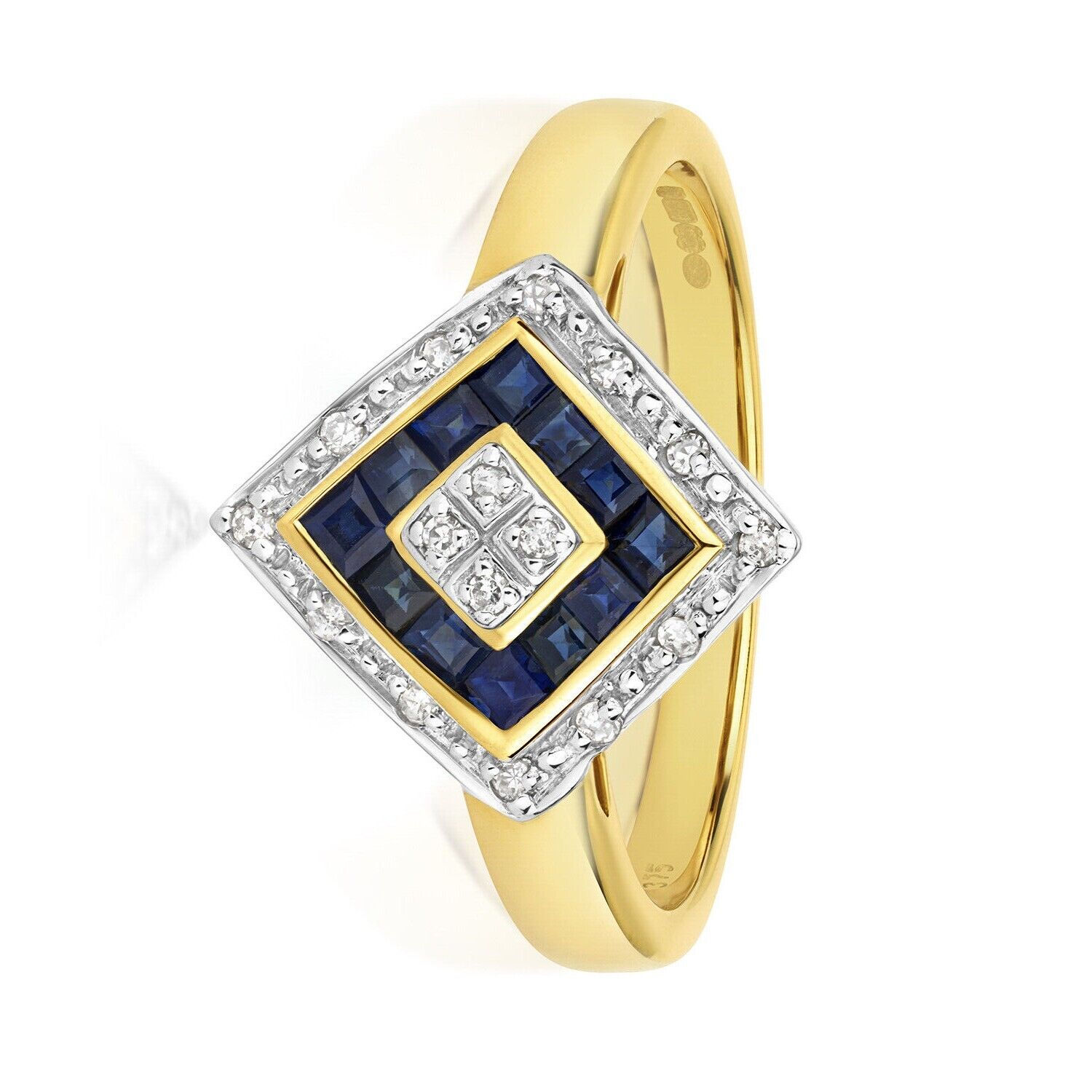 Real Sapphire and Diamond Ring Solid Yellow Gold Square Cluster Size JKLMNOPQ