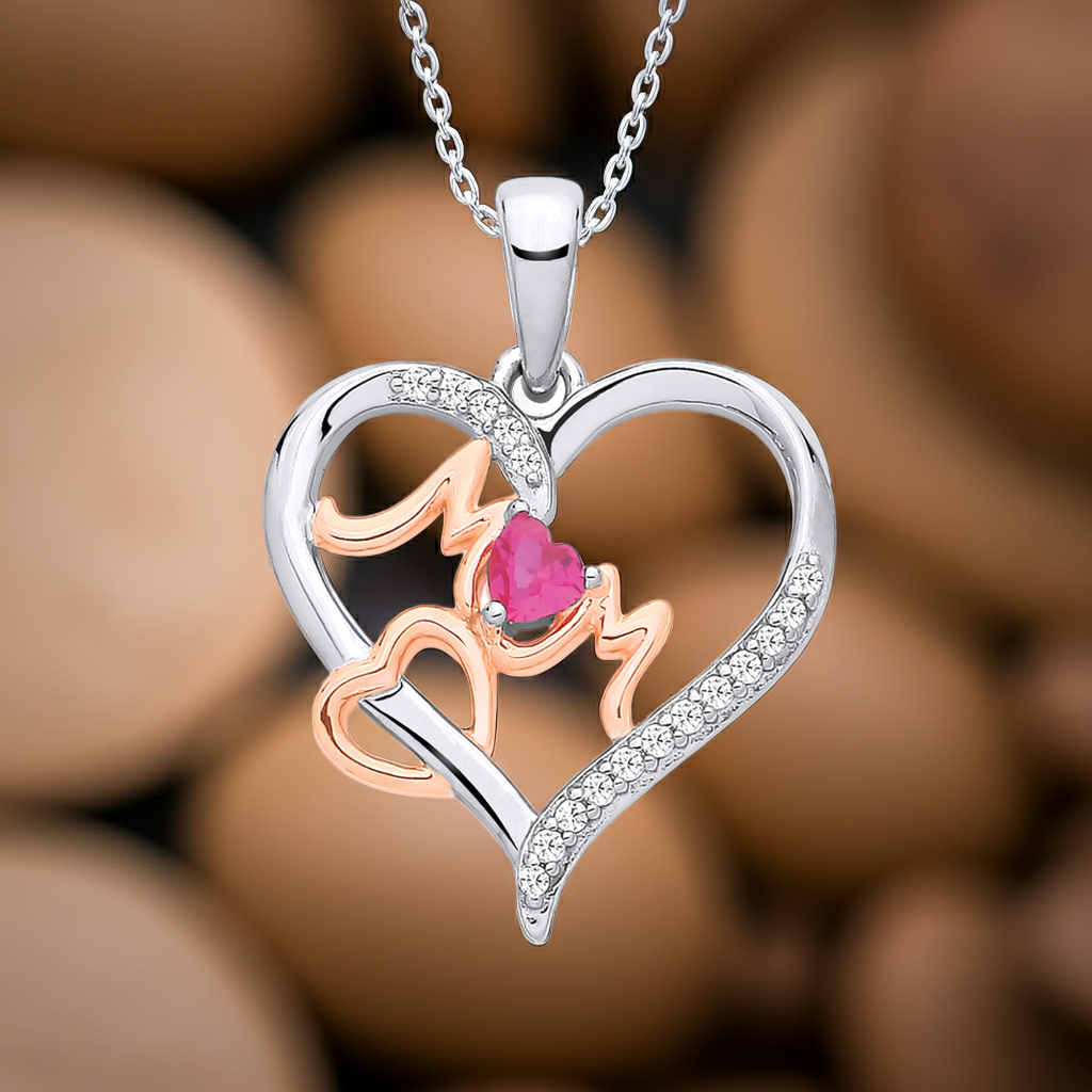 Ruby Mum Heart Pendant Solid Sterling Silver 925 Hallmark Rose Gold Detail