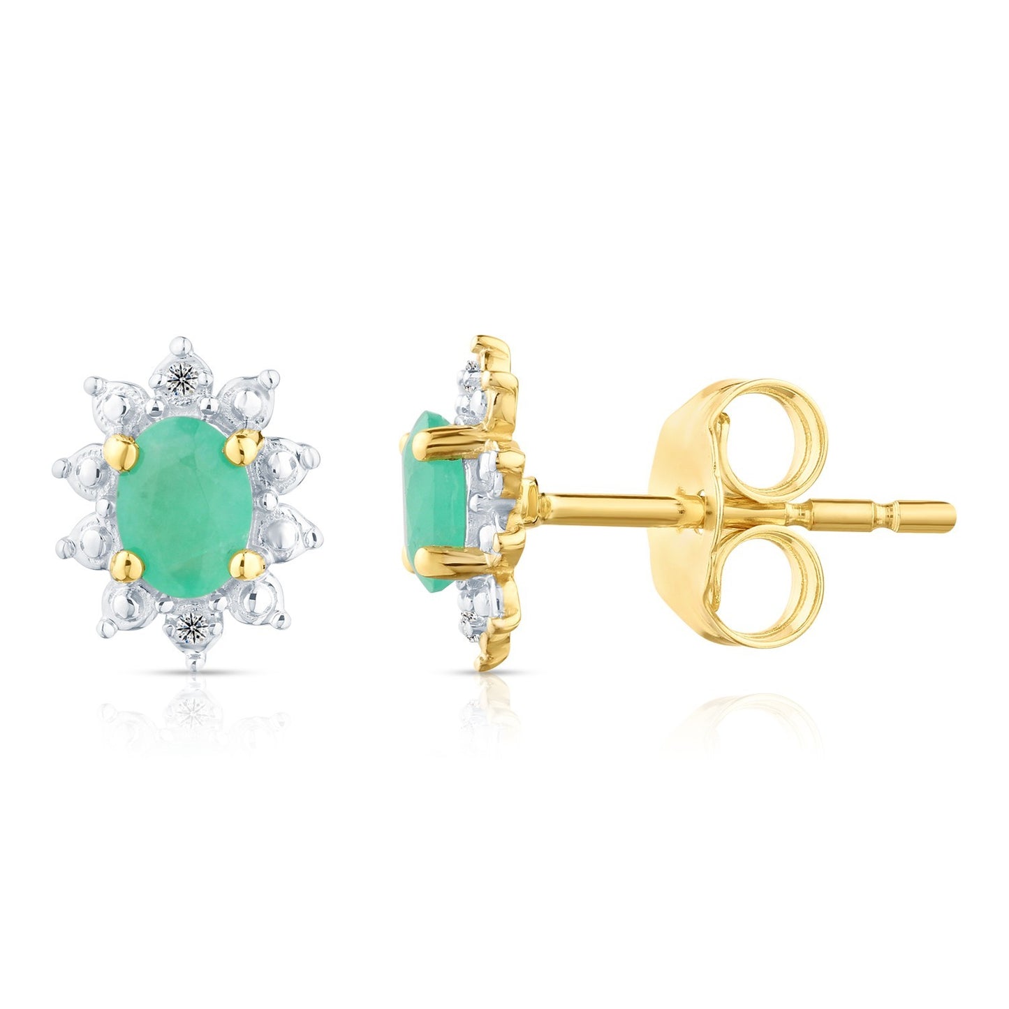 Natural Emerald & Diamond Halo Stud Earrings 9ct Yellow Gold 375