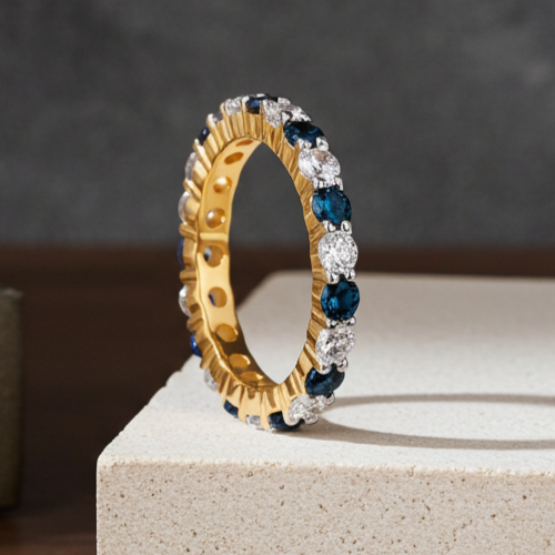 18ct Gold Sapphire Full Eternity Ring on Solid Sterling Silver 925 Hallmarked