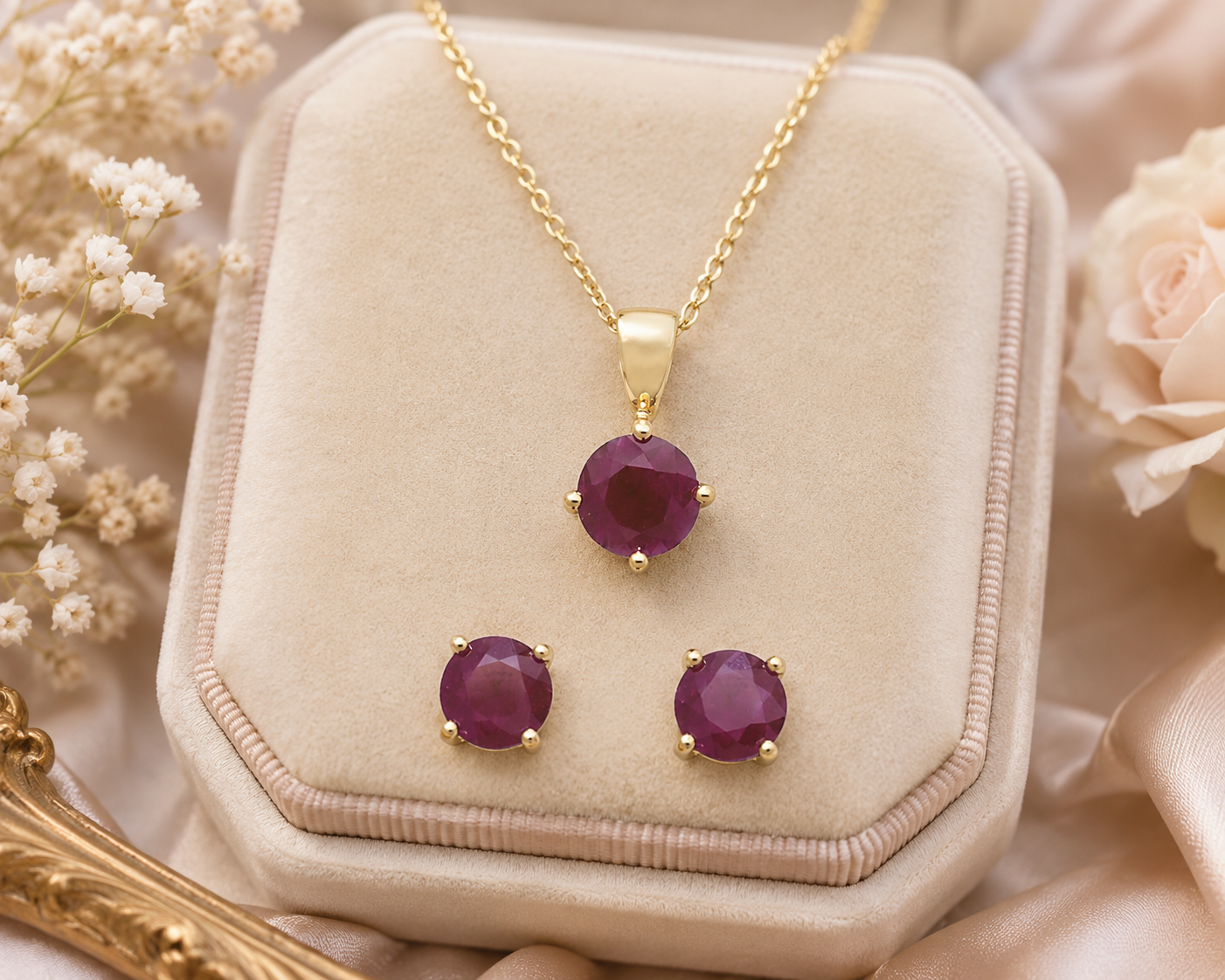 Classic Ruby Solitaire Pendant on Chain with Matching Stud Earrings Yellow Gold