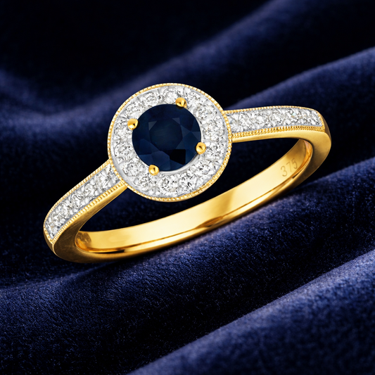 Real Sapphire and Diamond Ring 9ct Yellow Gold Round Cluster Halo Engagement