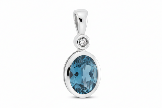 London Blue Topaz and Diamond Oval Solitaire Pendant 9ct White Gold Real Stones
