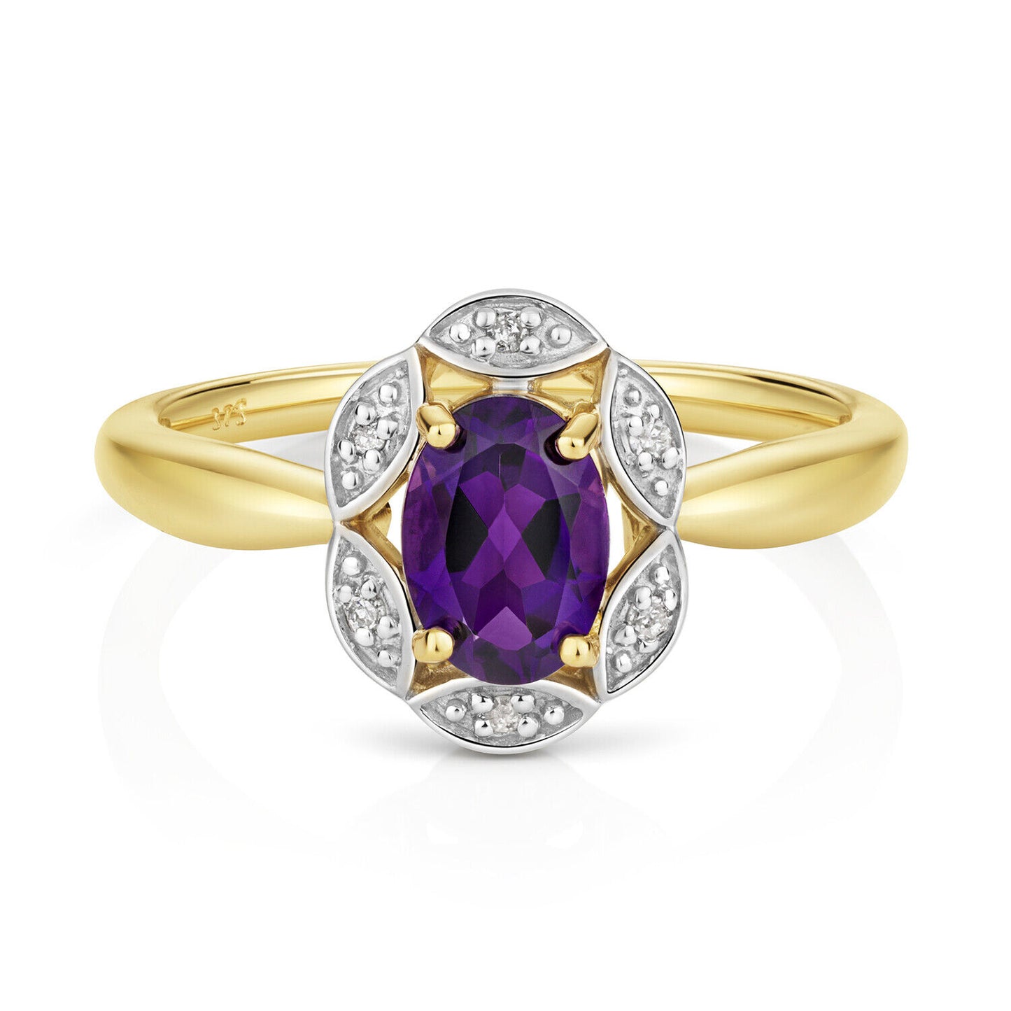 Amethyst and Diamond Ring 9ct Yellow Gold Cluster Genuine Stones Size J - Q