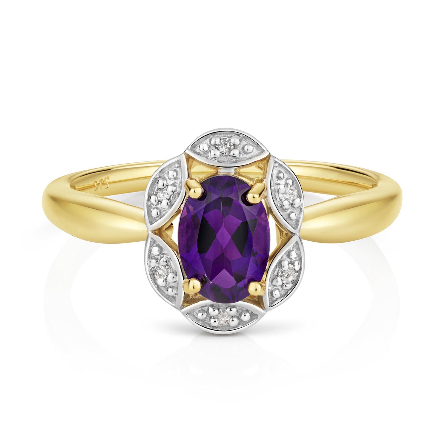Amethyst and Diamond Ring 9ct Yellow Gold Cluster Genuine Stones Size J - Q