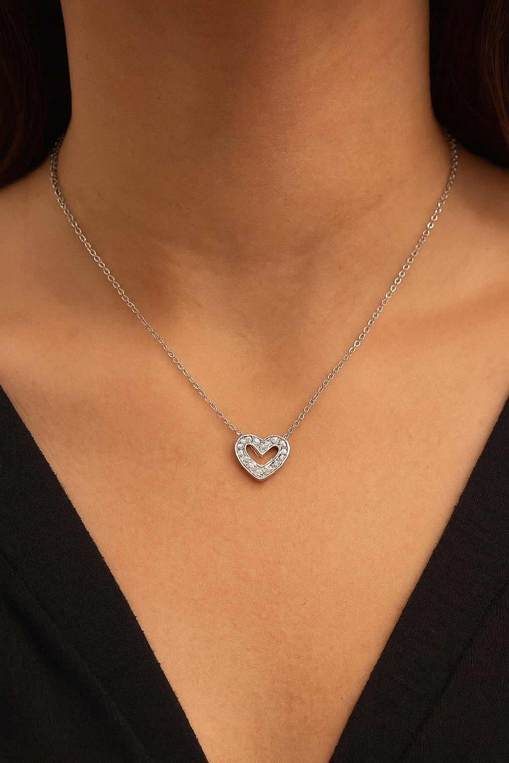 Natural Diamond Heart Necklace Solid Sterling Silver 16 - 18" Length