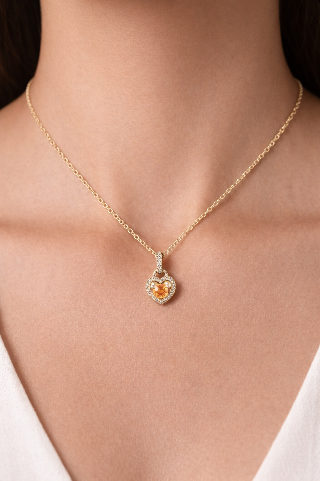Citrine Heart Necklace With Diamond Solid Yellow Gold 18" 46cm Length Chain