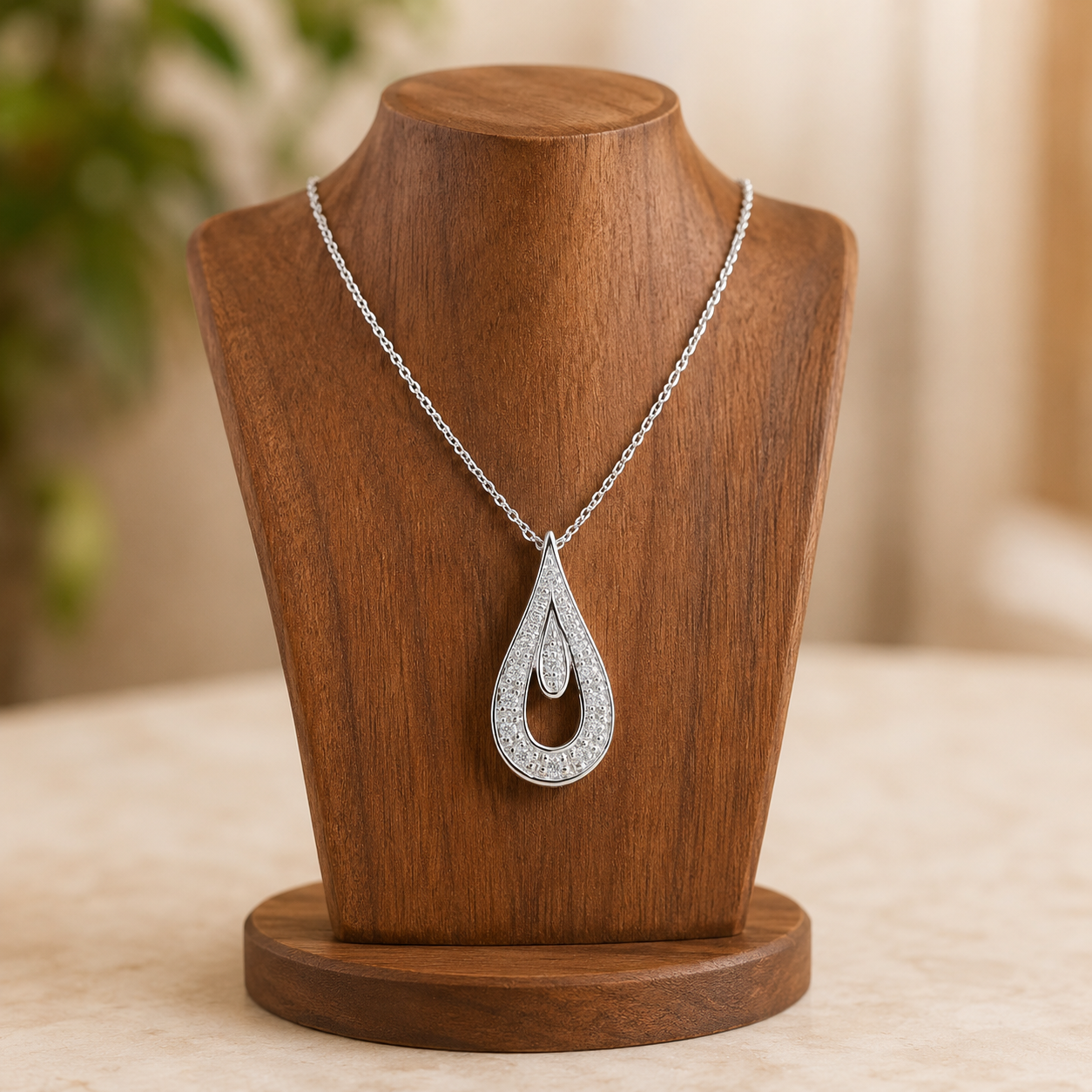 Natural Diamond Teardrop Pendant 9ct White Gold 18" Chain Hallmark British Made