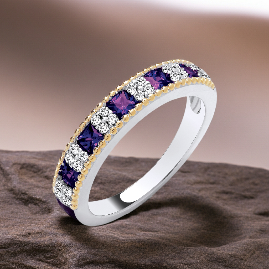 Sterling Silver Amethyst Eternity Ring  18ct Gold Detail 925 Hallmark Size K - S