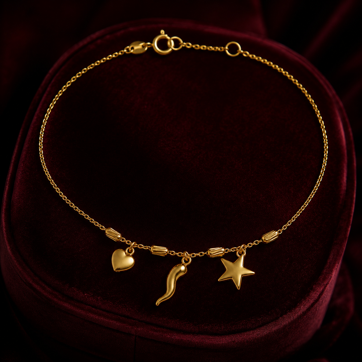 Heart, Star & Italian Horn Charm Lucky Bracelet 9ct Yellow Gold 375 17.5-19cm