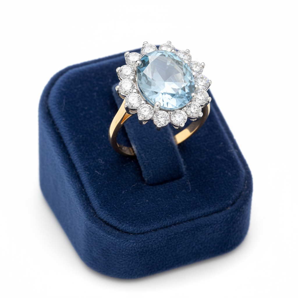 18ct Gold Large Aquamarine Ring Cluster on Sterling Silver 925 Hallmark Size K-S