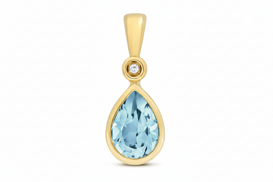 Blue Topaz and Diamond Pear Teardrop Pendant 9ct Yellow Gold Solitaire