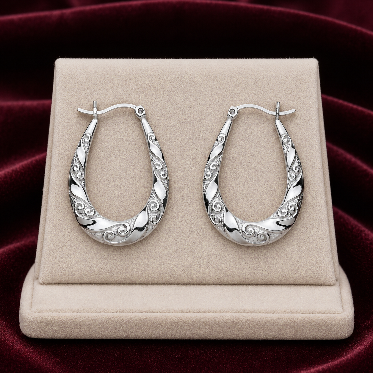 Scroll Oval Creole Hoop Earrings Sterling Silver 32mm 925 Hallmark