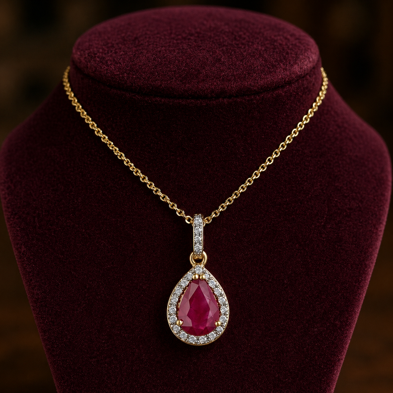 Ruby Pear Cluster Pendant With Diamond 18ct Yellow Gold 16" 41cm Length Chain