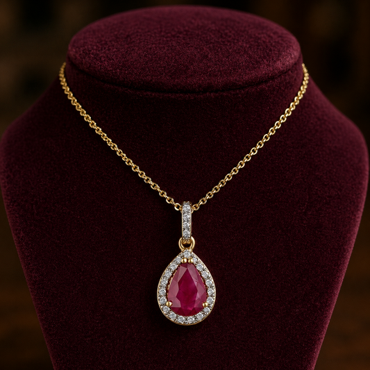 Ruby Pear Cluster Pendant With Diamond 18ct Yellow Gold 16" 41cm Length Chain