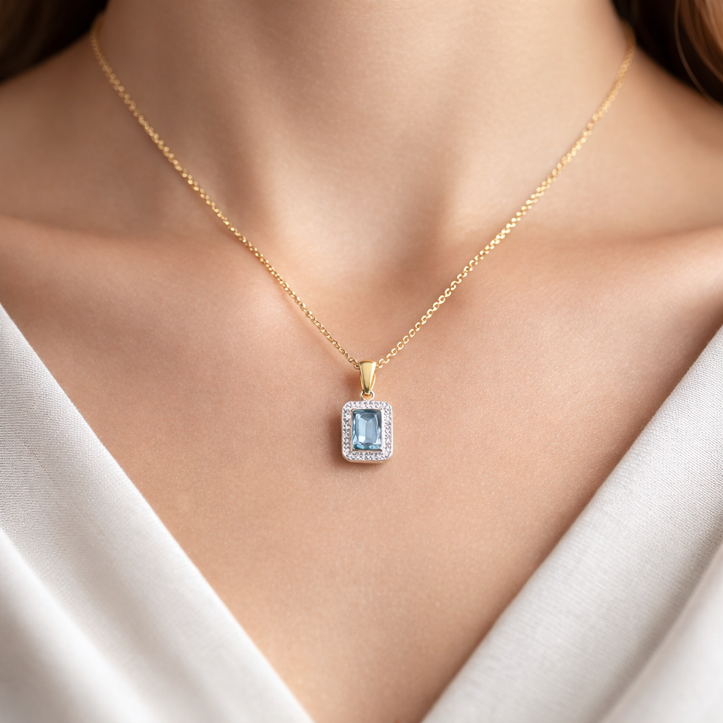 Sky Blue Topaz Pendant With Diamond Halo Solid Yellow Gold 18" 46cm Length Chain