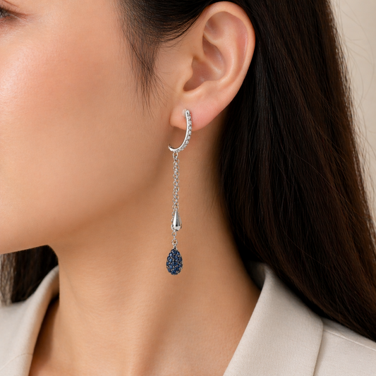 Natural Sapphire and Diamond Earrings Solid White Gold Long Drops Hallmarked