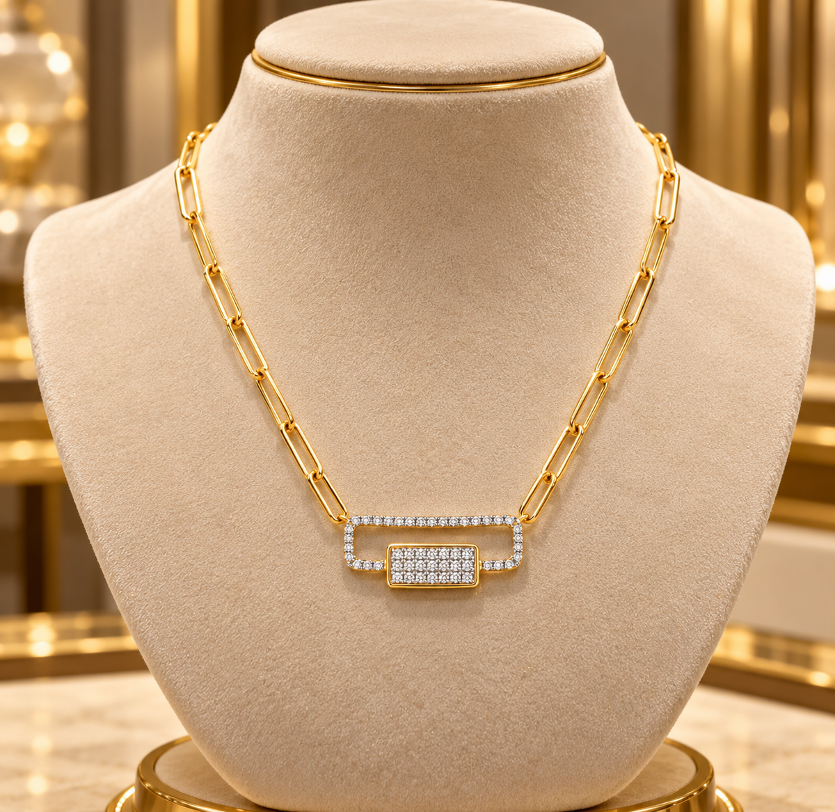Paperclip Chain Necklace Real Diamond Geometric Pendant 9ct Yellow Gold