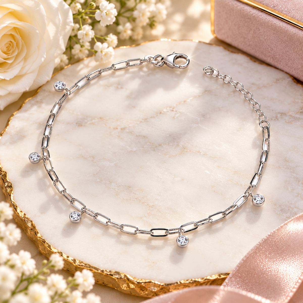 Sterling Silver Paperclip Chain Bracelet with Zircon Dangle Charms Lobster Clasp