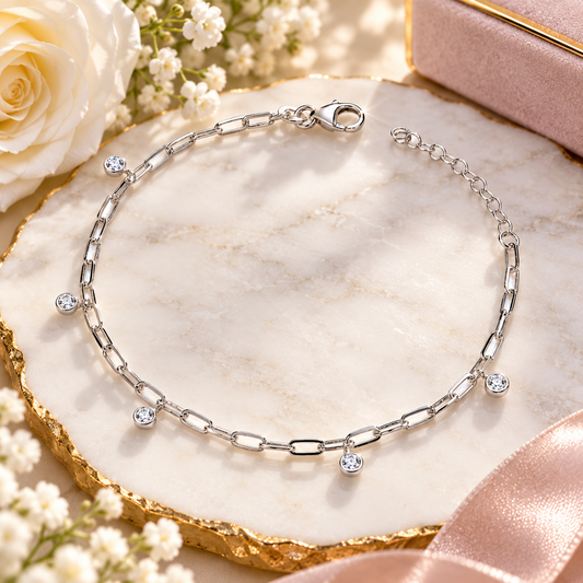 Sterling Silver Paperclip Chain Bracelet with Zircon Dangle Charms Lobster Clasp
