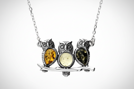 Mixed Amber Trio of Owls on Branch Necklace Sterling Silver 925 41-46cm extender