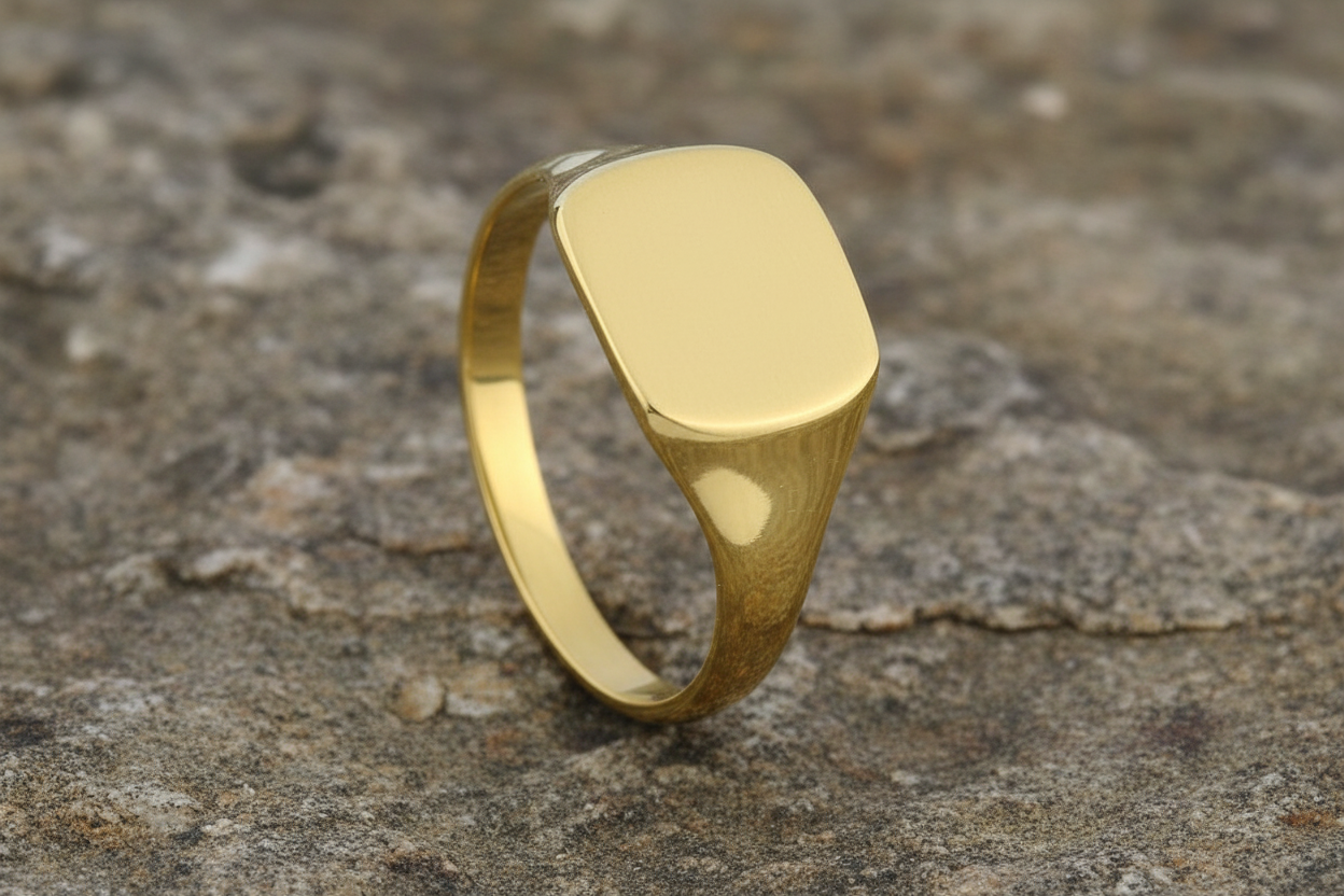 24k Yellow Gold Men's Cushion Signet Ring with a Polished Finish for Classic Style