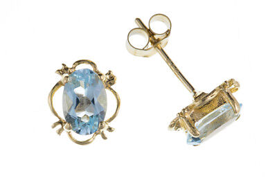 9ct gold blue topaz earrings with intricate design and secure stud fastening