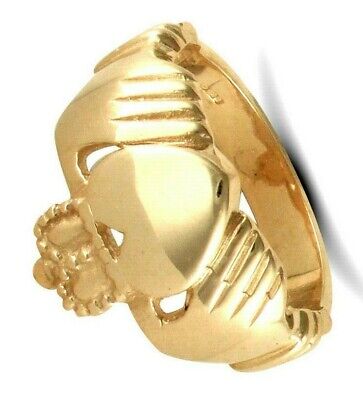 9ct gold Claddagh ring for men by J R Jewellery featuring hands holding a heart with a crown design