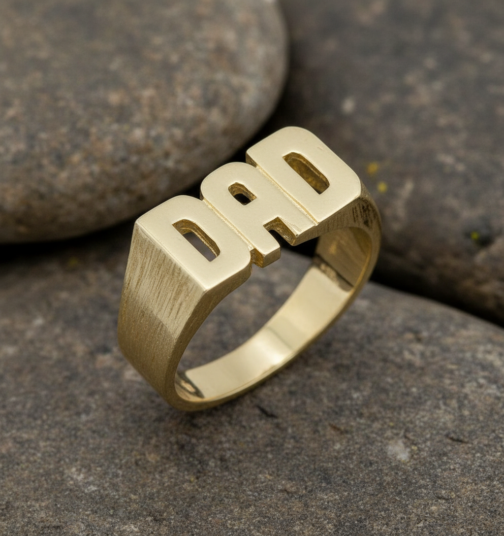 9ct Yellow Gold DAD Ring Barked Sides Fully Hallmarked