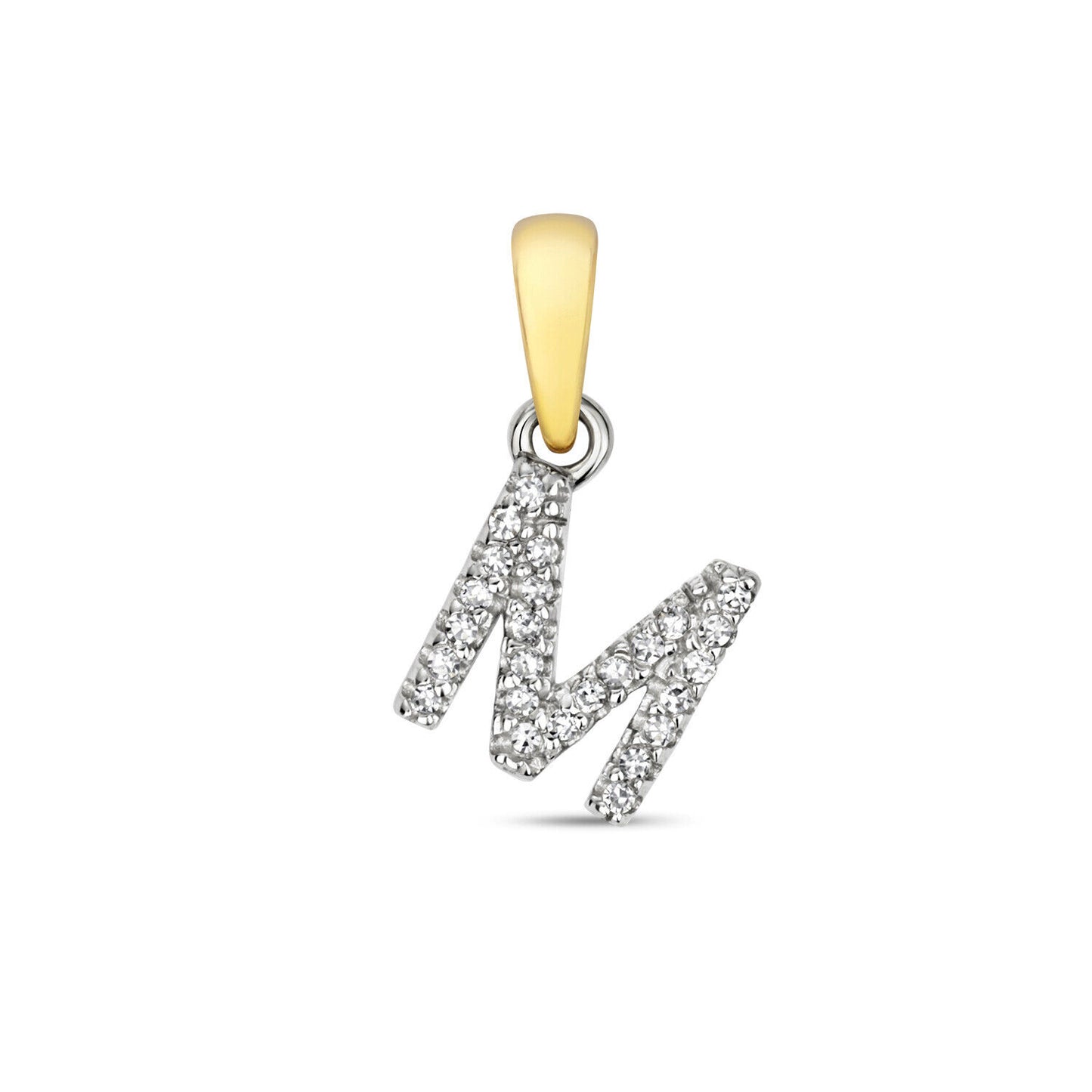 J R Jewellery 9ct gold diamond initial pendant letter M with sparkling diamonds and gold bale