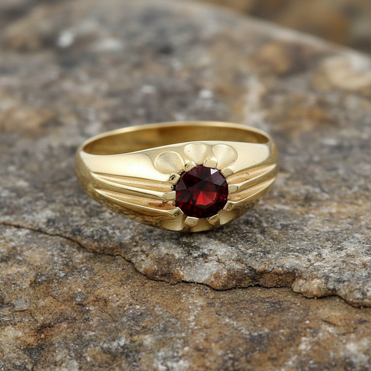 9ct Yellow Gold Gents Garnet Ring Solitaire Fully Hallmarked