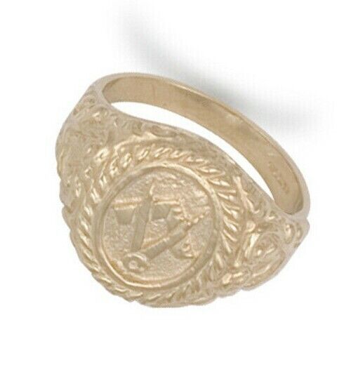9ct gold masonic signet ring with detailed engraved symbol and ornate band design by J R Jewellery