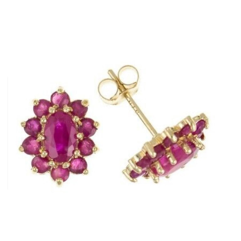9ct gold ruby cluster stud earrings featuring vibrant ruby stones arranged in a floral design