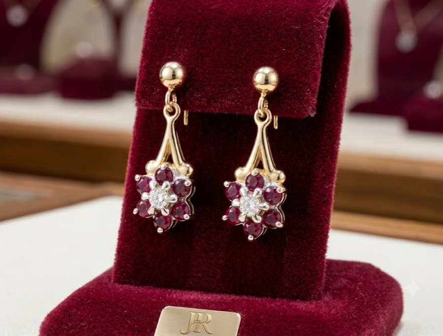 Elegant 9ct Gold Ruby & Diamond Cluster Drop Dangle Earrings displayed on a plush stand