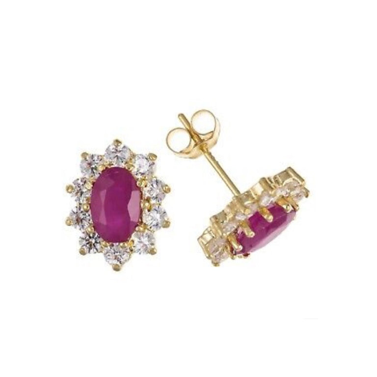 9ct gold ruby stud earrings with sparkling white stone accents for an elegant look