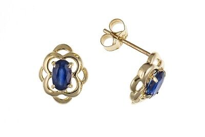 Elegant 9ct gold sapphire earrings with intricate floral design and secure post back