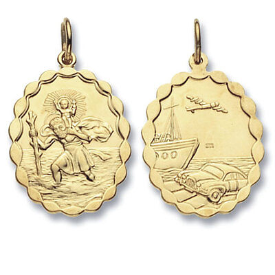 9ct gold St Christopher pendant featuring detailed engravings of St Christopher and various vehicles
