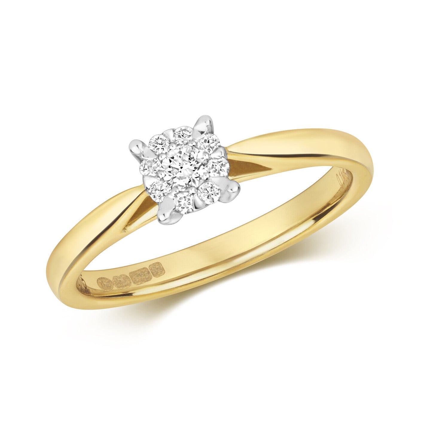 9ct Yellow Gold Diamond Solitaire Ring with a sparkling cluster of diamonds in a stunning setting