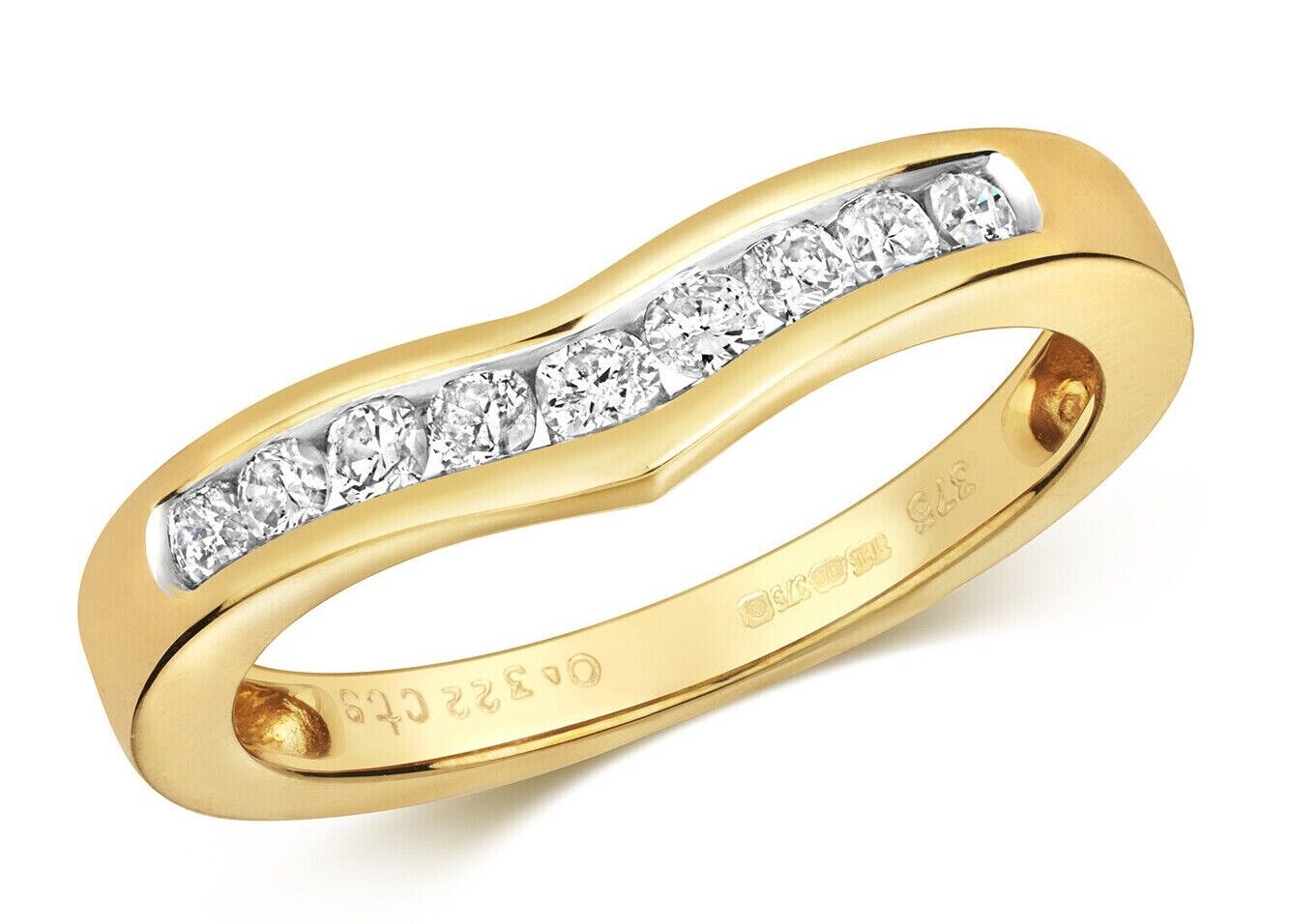 9ct yellow gold diamond wishbone ring with channel-set sparkling diamonds by J R Jewellery