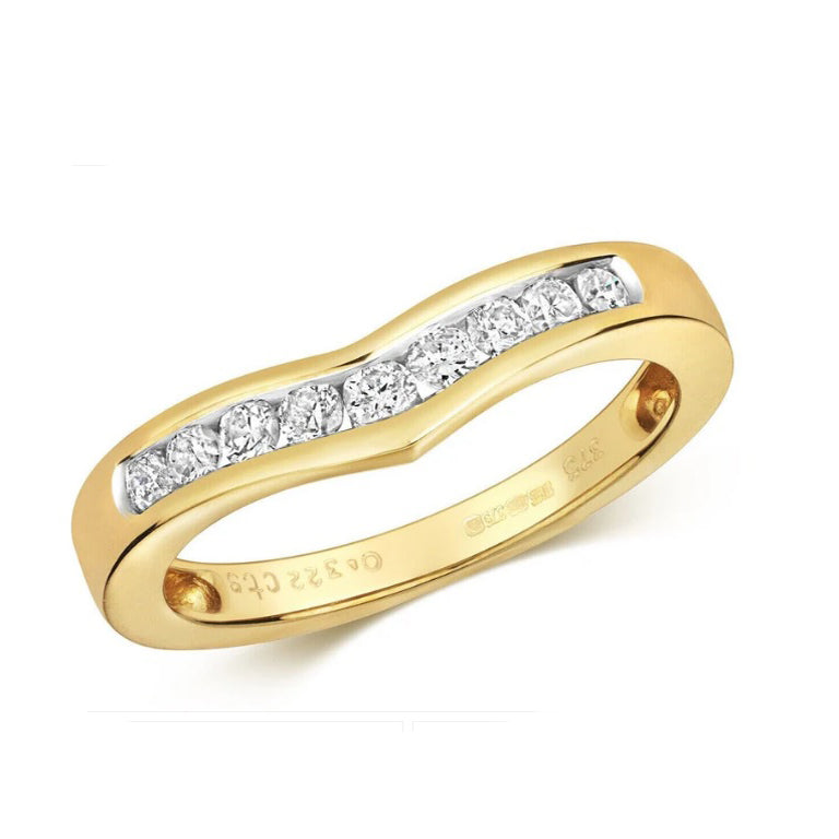 9ct yellow gold diamond wishbone ring by J R Jewellery featuring a curved design with channel-set diamonds