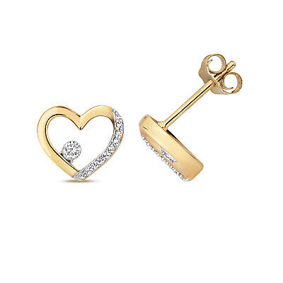 J R Jewellery 9ct yellow gold heart earrings with diamond detail and secure stud backs