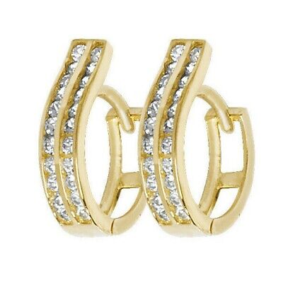 J R Jewellery 9ct yellow gold huggie earrings with sparkling clear stones in double row design