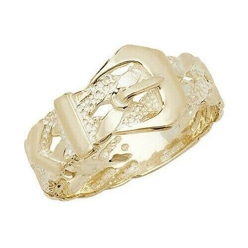 9ct yellow gold mens buckle ring featuring intricate design for a stylish accessory