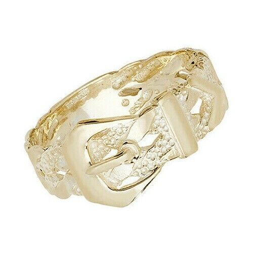 9ct yellow gold mens buckle ring featuring a textured design for a stylish look
