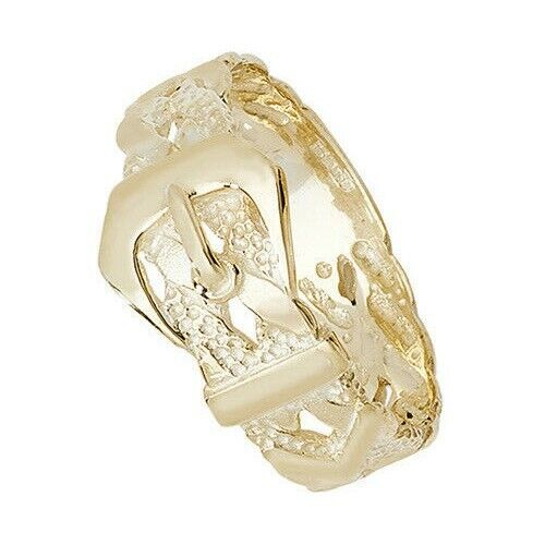 9ct yellow gold mens buckle ring featuring a detailed and textured design
