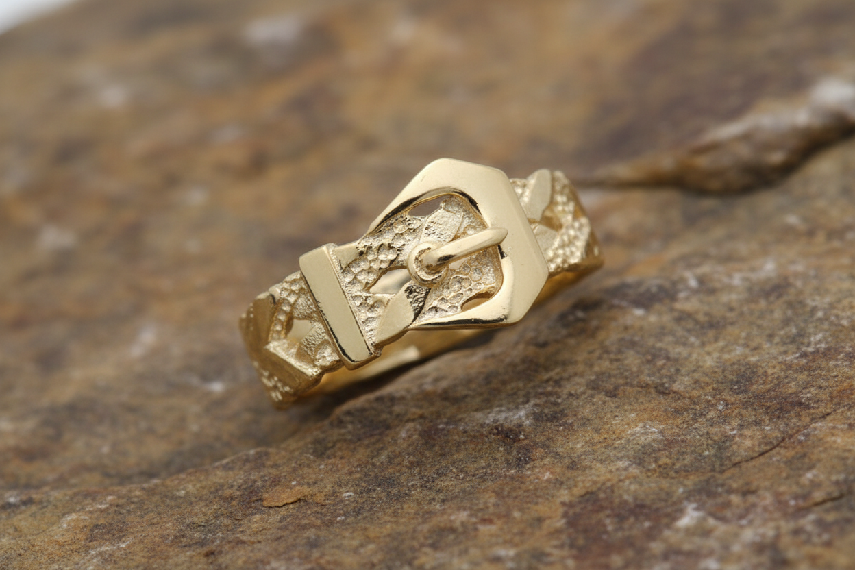9ct yellow gold mens buckle ring with a unique textured design for stylish accessory.