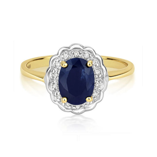 Elegant 9ct yellow gold sapphire and diamond ring with intricate detailing and a polished finish