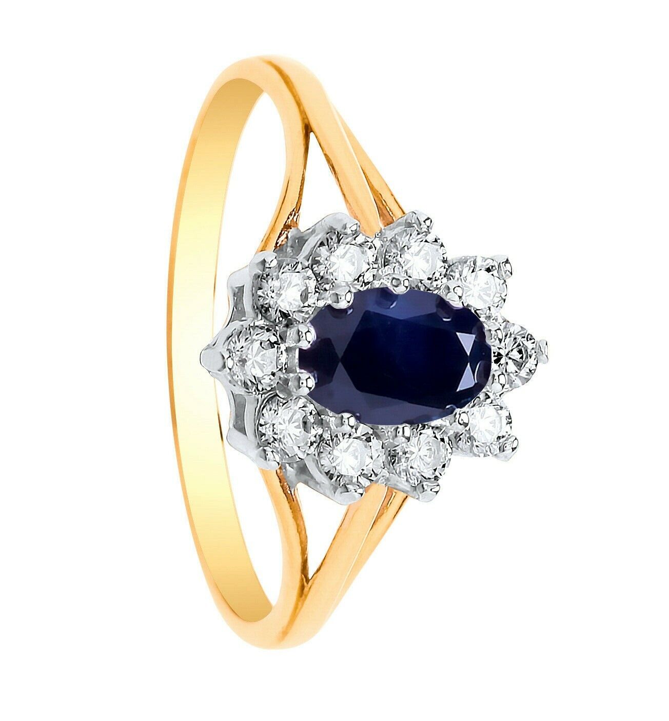 J R Jewellery 9ct yellow gold sapphire ring with oval sapphire centre and surrounding diamonds